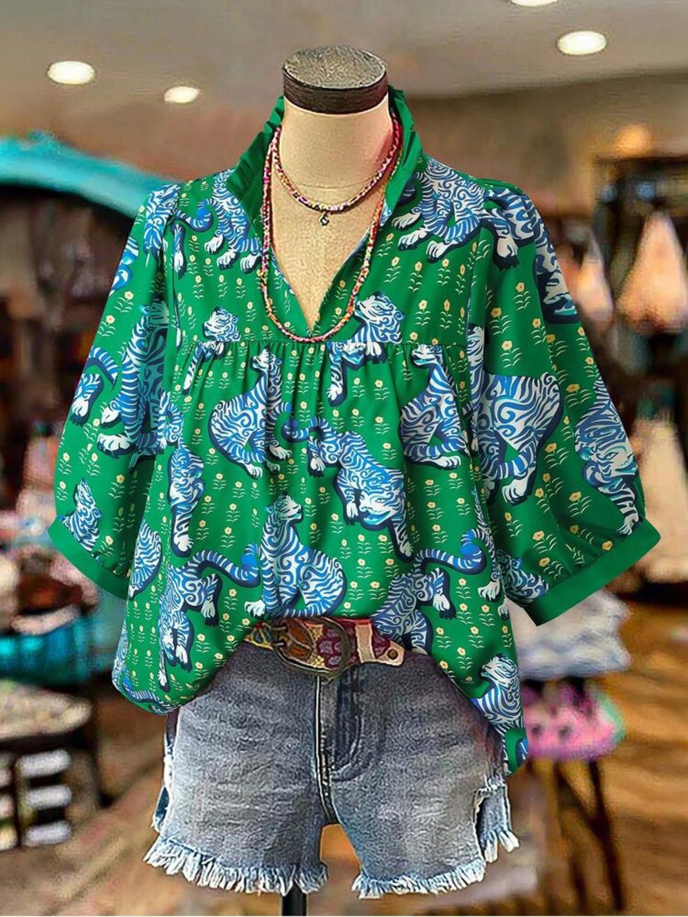 SHEIN Tiger Print Boxy Ruffle Collar Blouse Size XL